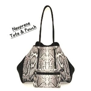 Neoprene Black & Tan XL Tote & Detachable Pouch in Snakeskin Print